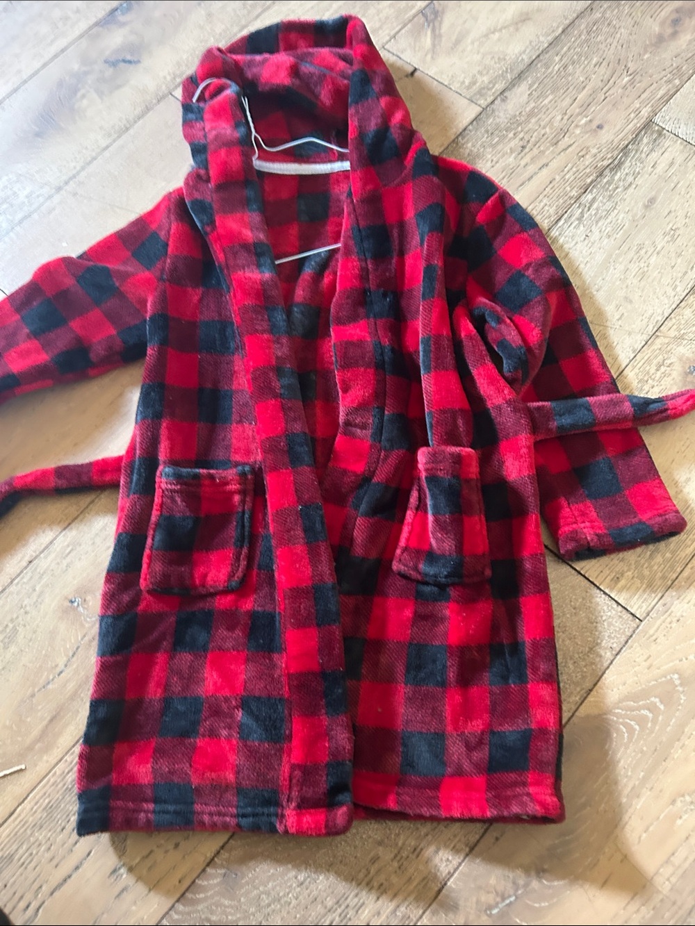 Kids Plush Hooded Robe - Red and Black Buffalo Plaid
